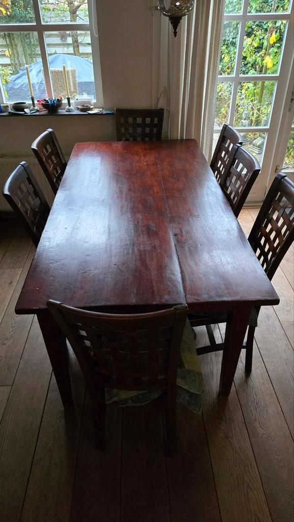 Houten Eettafel met 9 stoelen, Huis en Inrichting, Tafels | Eettafels, Gebruikt, 50 tot 100 cm, 200 cm of meer, Vijf personen of meer