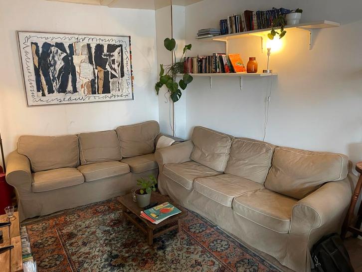 Twee Ektorp IKEA banken (3-zits) te koop, Huis en Inrichting, Banken | Bankstellen, Gebruikt, Driepersoons, 200 tot 250 cm, 75 tot 100 cm