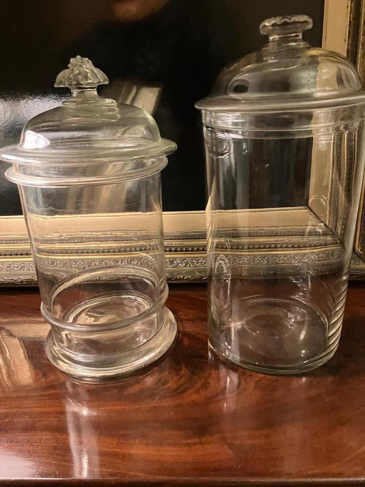 Paar antiek Franse glazen dekselpotten, Antiek en Kunst, Antiek | Glas en Kristal, Ophalen of Verzenden