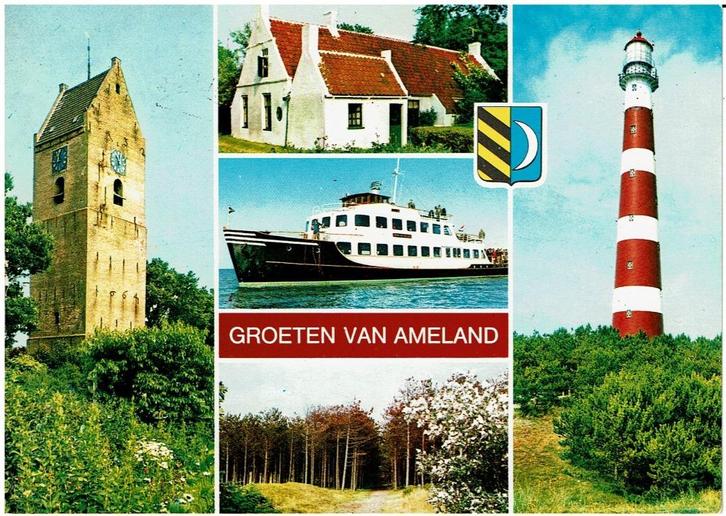 Ansichtkaart Ameland, veerboot, vuurtoren, eilandhuisjes, Verzamelen, Ansichtkaarten | Nederland, Gelopen, Waddeneilanden, 1960 tot 1980