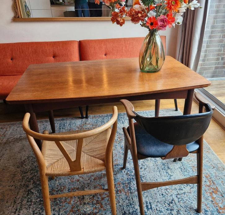 Uitschuifbare Deense vintage eettafel, Huis en Inrichting, Tafels | Eettafels, Gebruikt, 50 tot 100 cm, Rechthoekig, Ophalen