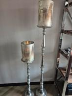 Windlichten op Pilaar - Set van 2 - Zilver, Ophalen of Verzenden