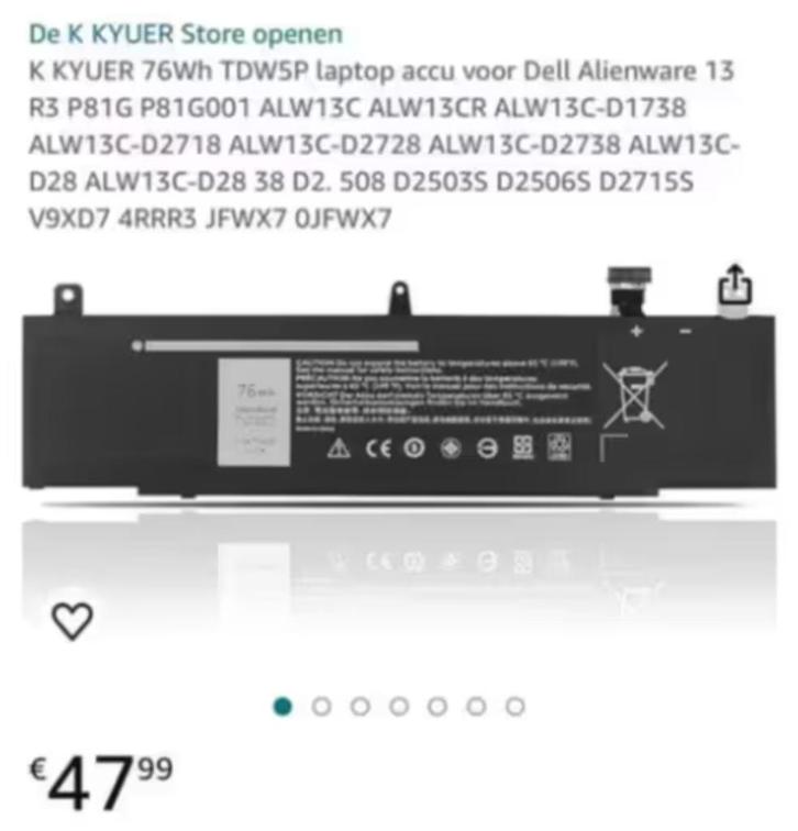 ZGAN! K KYUER 76Wh TDW5P laptop accu Dell Alienware €18,99, Computers en Software, Accu's en Batterijen, Zo goed als nieuw, Ophalen of Verzenden