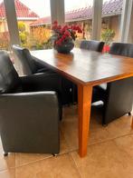 Eethoek teak hout - lederen stoelen als NIEUW, Huis en Inrichting, Complete eetkamers, Ophalen, Zo goed als nieuw, 4 tot 6 stoelen