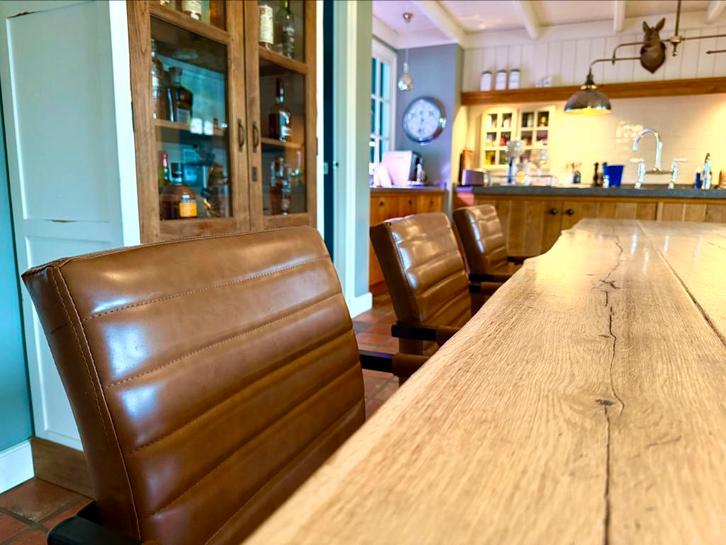 4 Eetkamerstoelen industrieel - Cognac (zgan), Huis en Inrichting, Stoelen, Zo goed als nieuw, Vier, Leer, Metaal, Bruin, Ophalen