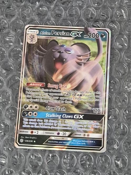 Alolan Persian GX 129/236 Sun & Moon Cosmic Eclipse, Hobby en Vrije tijd, Verzamelkaartspellen | Pokémon, Zo goed als nieuw, Losse kaart