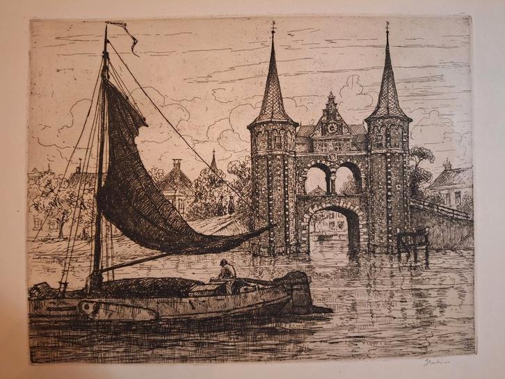 Ets van Sneek met zeilboot Jan Poortenaar, Antiek en Kunst, Kunst | Etsen en Gravures, Ophalen of Verzenden