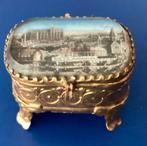 Antieke vergulde Franse trinket box METZ,glazen bovenkant, Ophalen