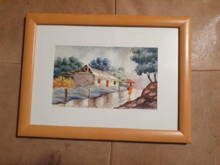 Aquarel Zuid Amerika? Julio Aquino vrouw met paraplu, Antiek en Kunst, Kunst | Schilderijen | Klassiek, Ophalen