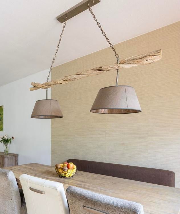 Hanglamp landelijk eettafel, houtstronk met 2 bruine kappen, Huis en Inrichting, Lampen | Hanglampen, Ophalen, 75 cm of meer, Hout