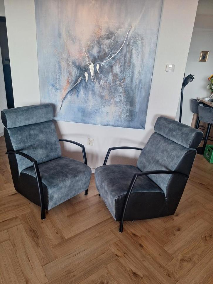 2 Zeegroene Fauteuils Suède/Leer - Z.G.A.N., Huis en Inrichting, Fauteuils, Zo goed als nieuw, Leer, 50 tot 75 cm, 75 tot 100 cm