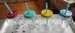 4 Limonade GLAZEN met handvat, deksel en rietje, Ophalen of Verzenden, Zo goed als nieuw, Frisdrankglas