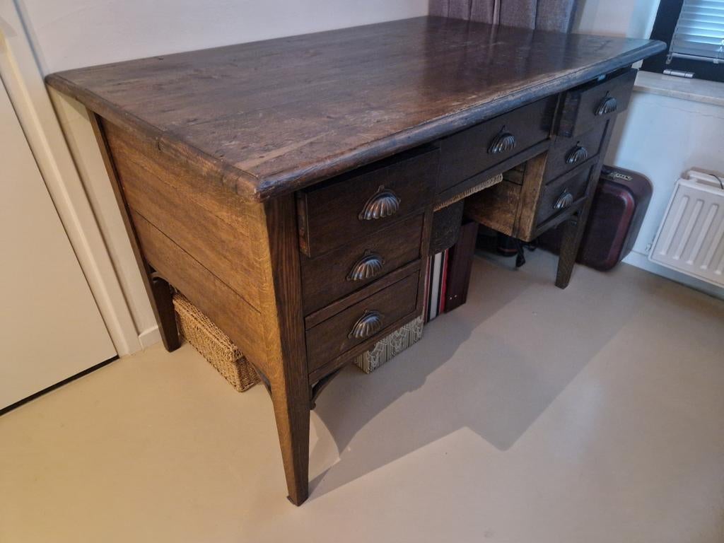 Teakhouten bureau met lades, Huis en Inrichting, Bureaus, Ophalen, Overige typen, Antiek, Bruin