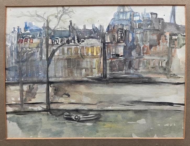 Aquarel. Stadsgezicht. Gracht., Antiek en Kunst, Kunst | Schilderijen | Klassiek, Ophalen of Verzenden