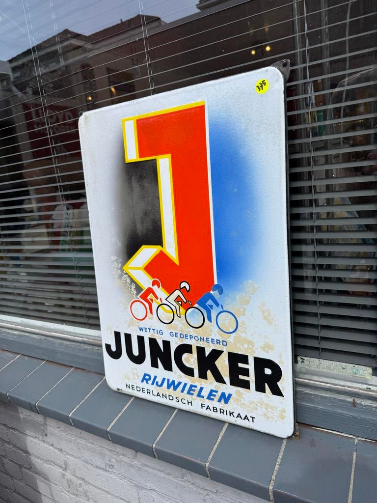 Vintage Juncker Rijwielen Emaille Reclamebord, Reclamebord, Gebruikt, ., Ophalen of Verzenden