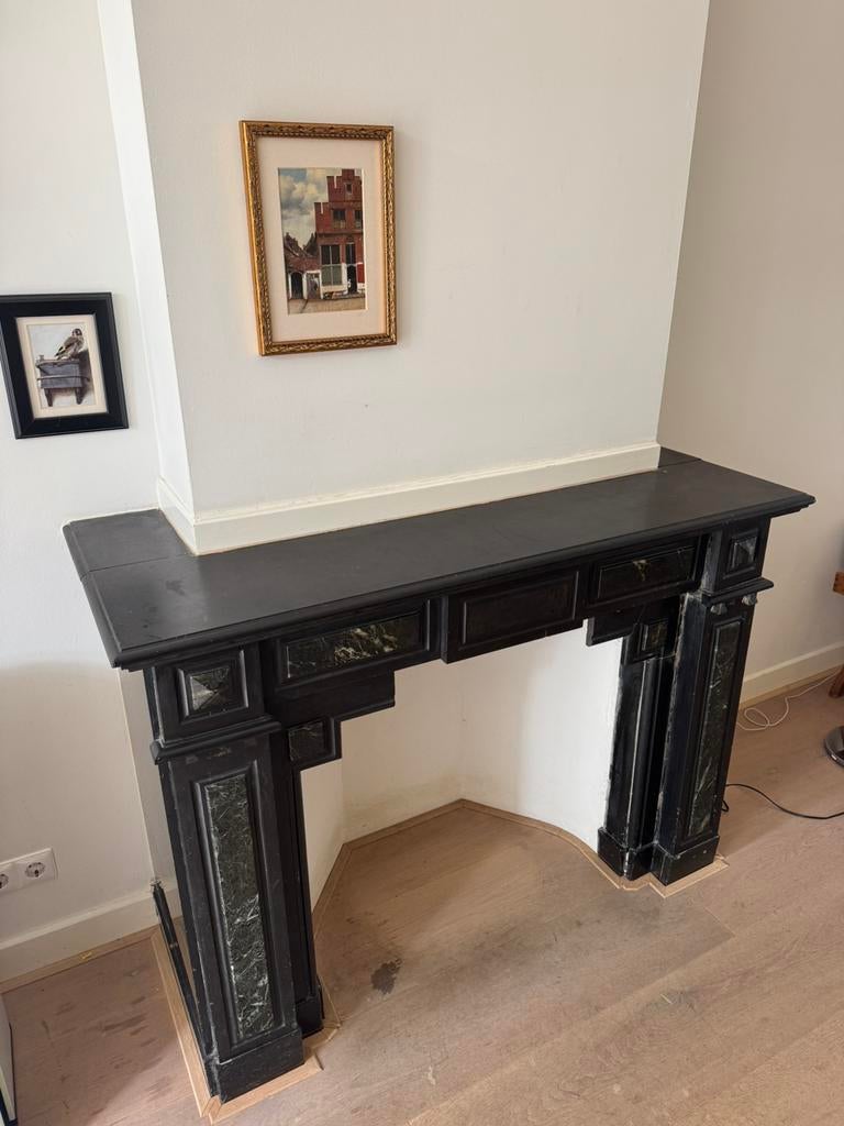 Antieke marmeren schouw, zwart met groen, begin 1900, Huis en Inrichting, Haarden, Gebruikt, Overige soorten, Ophalen