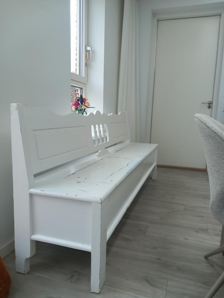 Witte houten klepbank met opbergruimte, Ophalen, Gebruikt, Minder dan 75 cm, Driepersoons