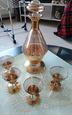 Vintage likeurset, karaf met stop + glazen gestreept patroon, Ophalen of Verzenden