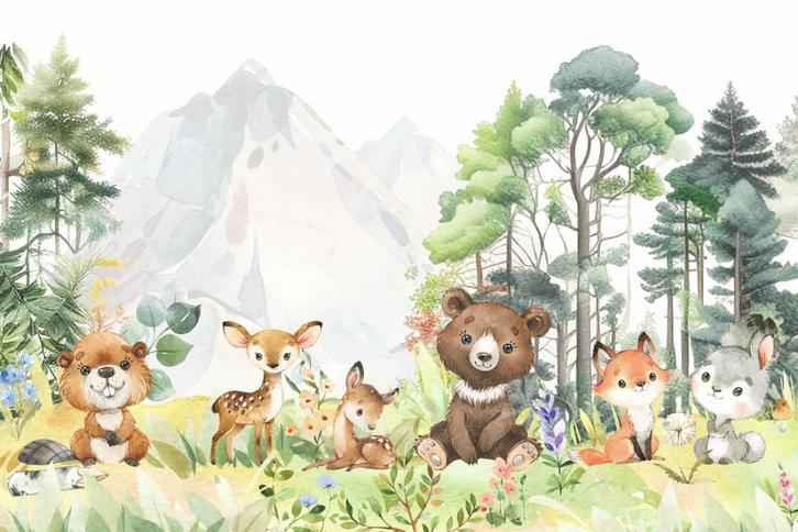 Baby bosdieren behang, vinyl fotobehang - Ook op maat, Huis en Inrichting, Stoffering | Behang, Paars, minder dan 10 m², Verzenden