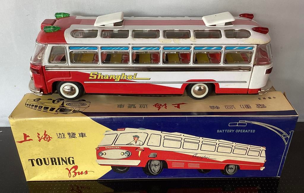 Grote oude blikken Shanghai Touring bus ME 086 + doos,China, Antiek en Kunst, Antiek | Speelgoed, Ophalen