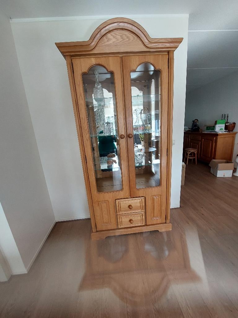 blank eiken vitrinekast, Huis en Inrichting, Kasten | Vitrinekasten, Ophalen, Glas, Met deur(en), 200 cm of meer