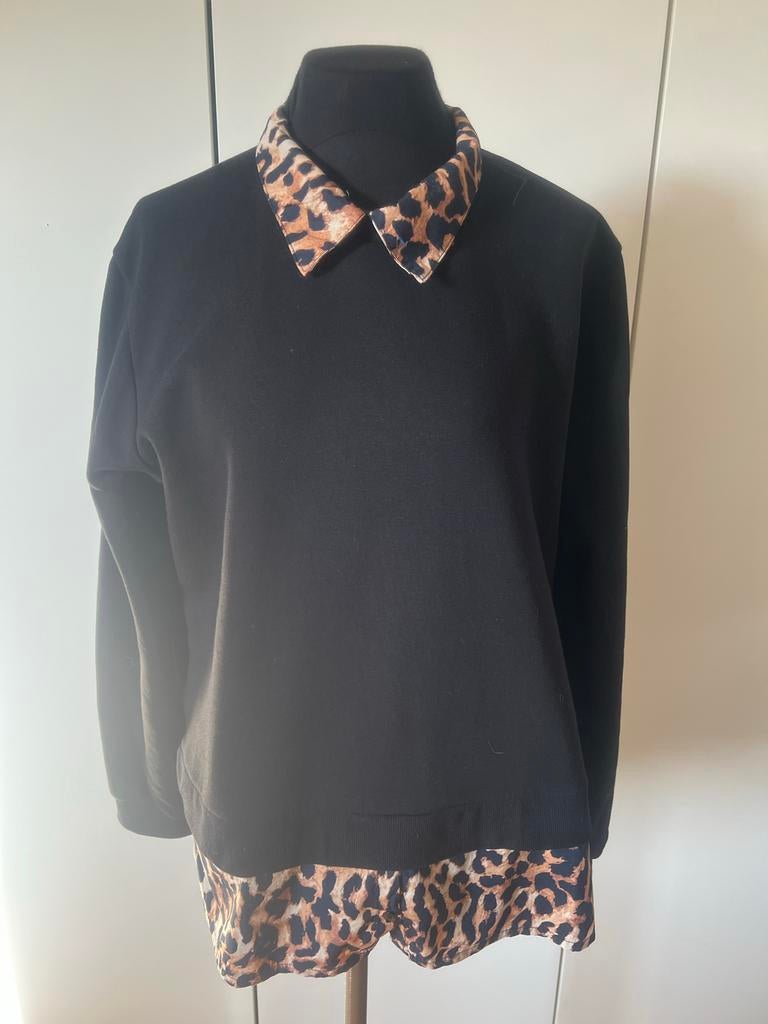Dames Trui Zwart met Luipaardprint Kraag en Zoom, Ophalen of Verzenden, Gedragen, Maat 46/48 (XL) of groter, Zwart