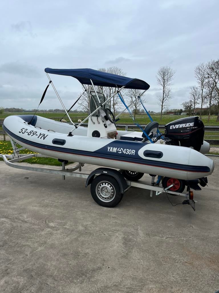 Yam 430 R Rib boot met trailer en motor, Watersport en Boten, Rubberboten, Ophalen, Yam, Zo goed als nieuw, Benzine