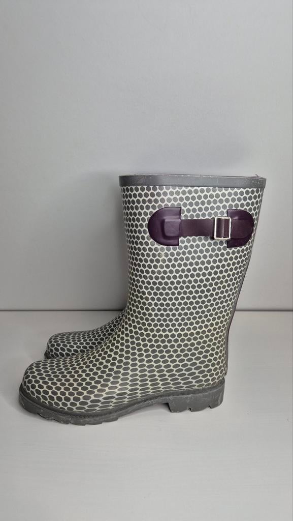 Grijze regenlaarzen met wit, grijs en paars - Maat 39, Kleding | Dames, Schoenen, Ophalen of Verzenden, Grijs, Regenlaarzen, Zo goed als nieuw