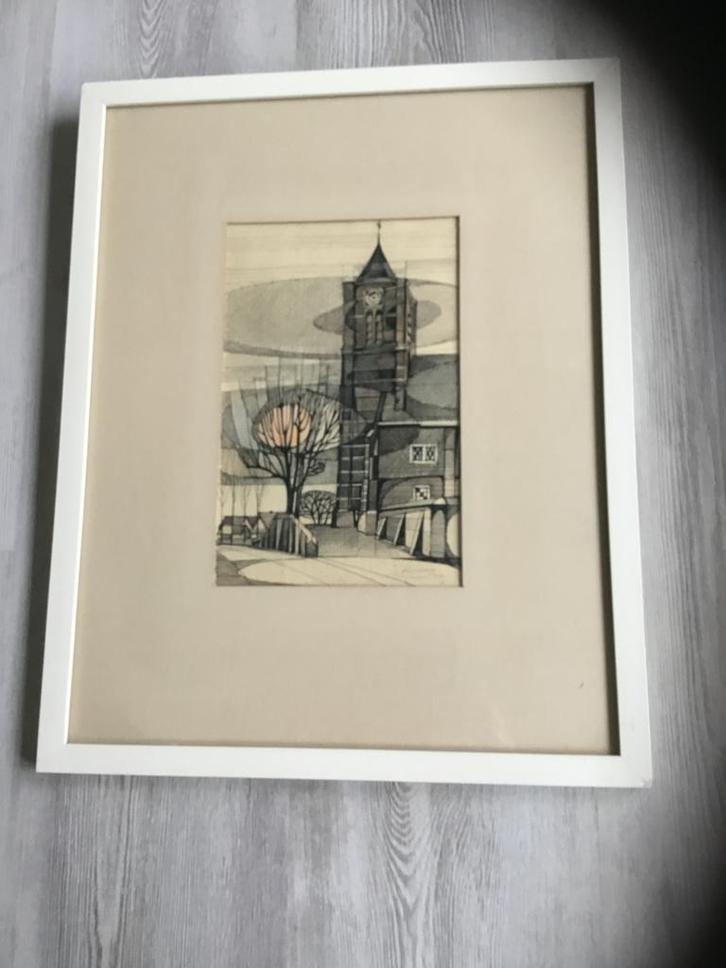 Pentekening Gerrit Neven - Kerk te Hoornaar (1971), Antiek en Kunst, Kunst | Tekeningen en Foto's, Ophalen of Verzenden