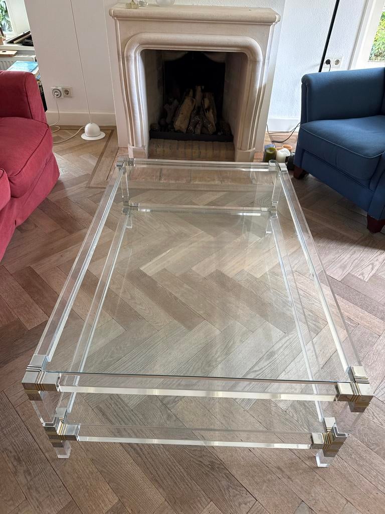 Glazen salontafel met messing details, Ophalen, 100 tot 150 cm, 50 tot 100 cm, Minder dan 50 cm