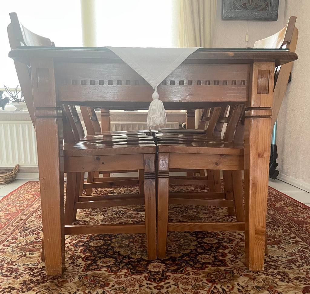 Mooie houten eethoek met 6 stoelen. Facet geslepen glasplaat, Ophalen, Gebruikt, 50 tot 100 cm, Landelijk