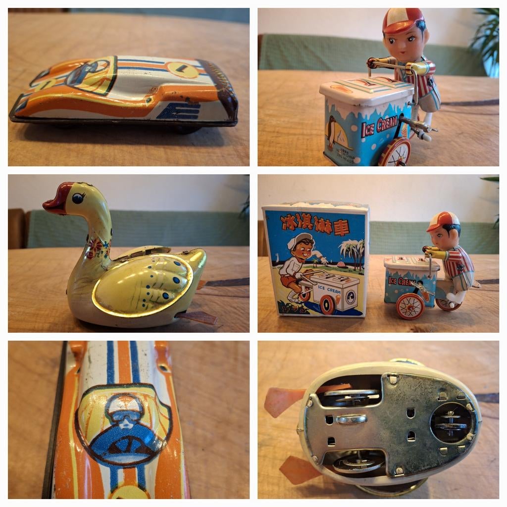 3 blikken speelgoed: Ijsverkoper, Zwaan en Raceauto, Ophalen of Verzenden, Gebruikt