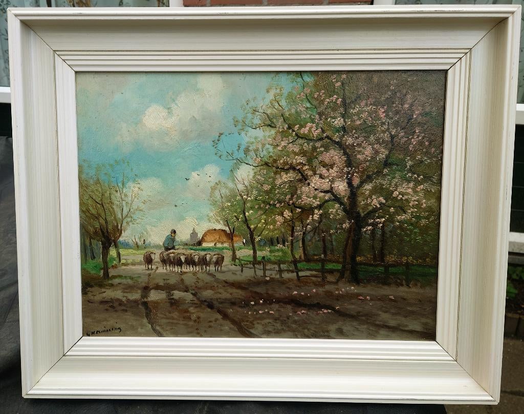 ~1950 Herder met schapen in Lente, gesigneerd. Groningen, Antiek en Kunst, Kunst | Schilderijen | Klassiek, Ophalen of Verzenden