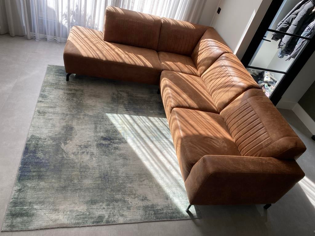 hoekbank - bruin - microleder, Huis en Inrichting, Banken | Complete zithoeken, Ophalen, Gebruikt, Stof