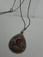 Zilveren ketting met vintage filigraan robijn hanger 925, Ophalen of Verzenden, Zilver, Zilver, Met edelsteen