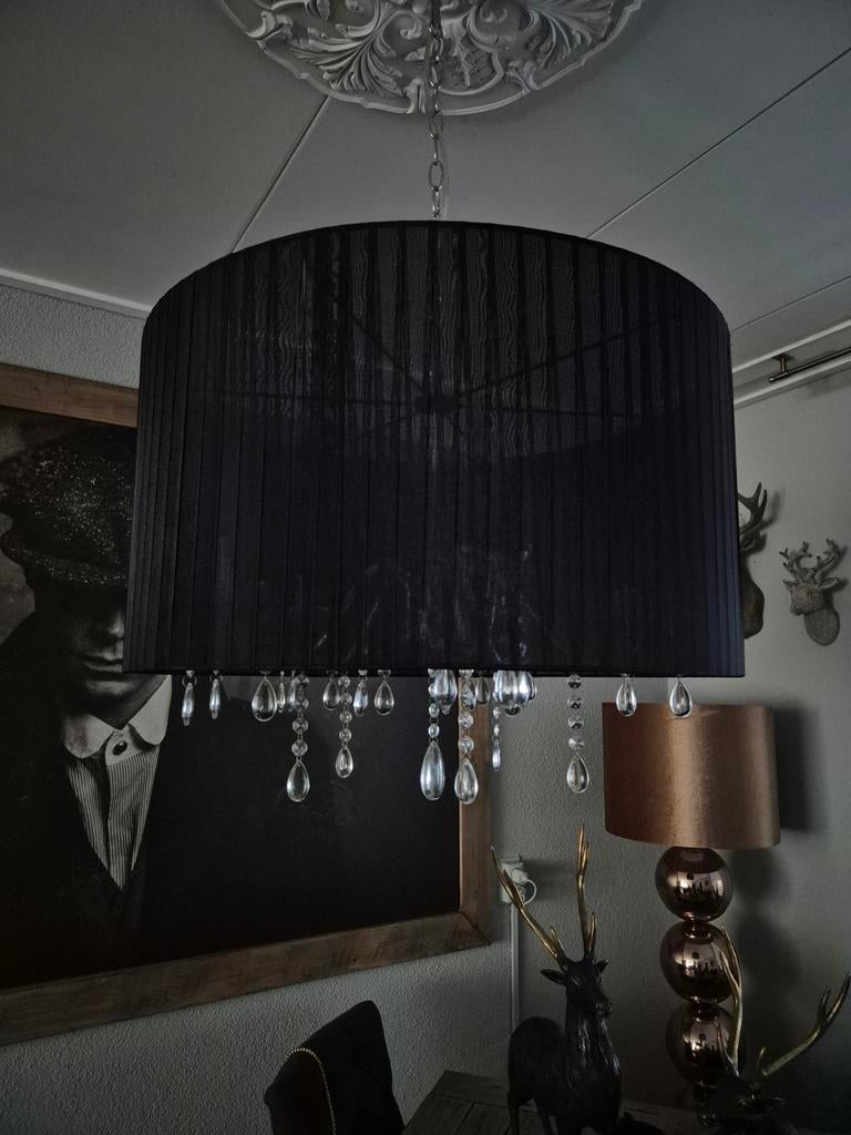 2 kroonluchters met 5 armen en zwarte organza doorsnee 60 cm, Huis en Inrichting, Lampen | Kroonluchters, Ophalen, Gebruikt, Glas