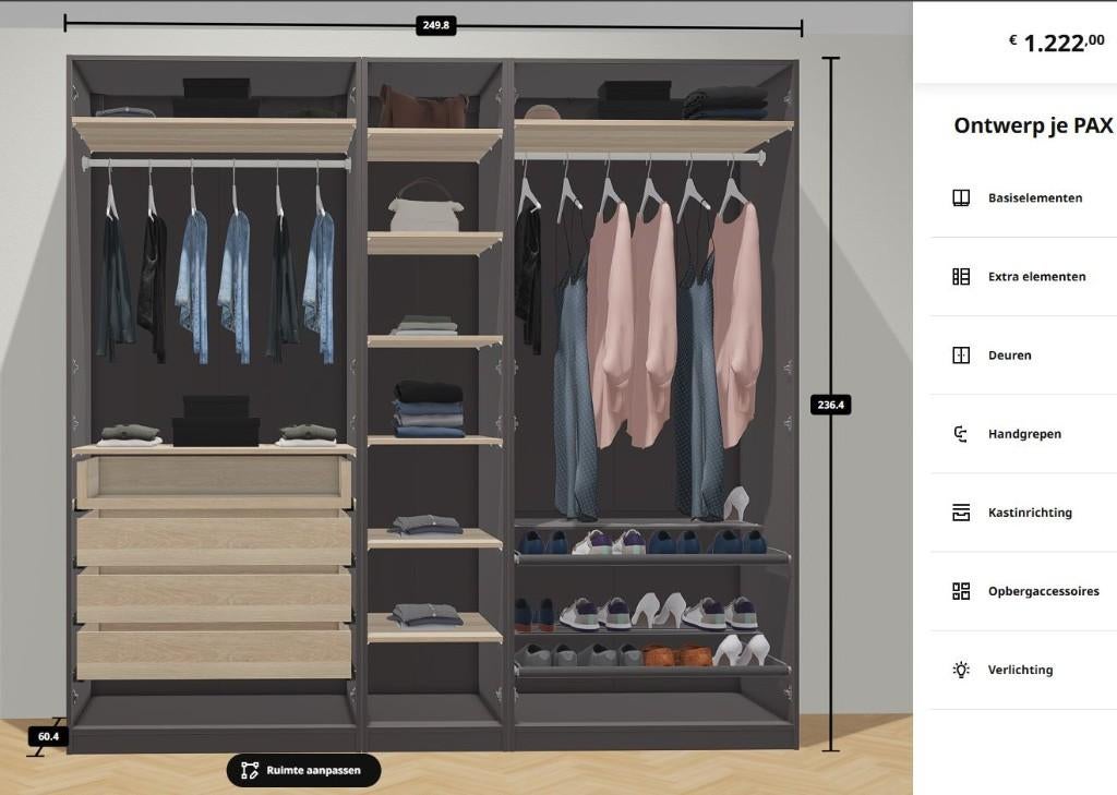 IKEA PAX kledingkast 250x58x236cm, Bezorg-/montageoptie, Met deur(en), IKEA PAX, Gebruikt, 200 cm of meer