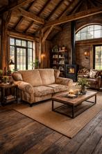 Beige koeienhuid bank - direct leverbaar!, Leer, Ophalen of Verzenden, Landelijk, Rechte bank