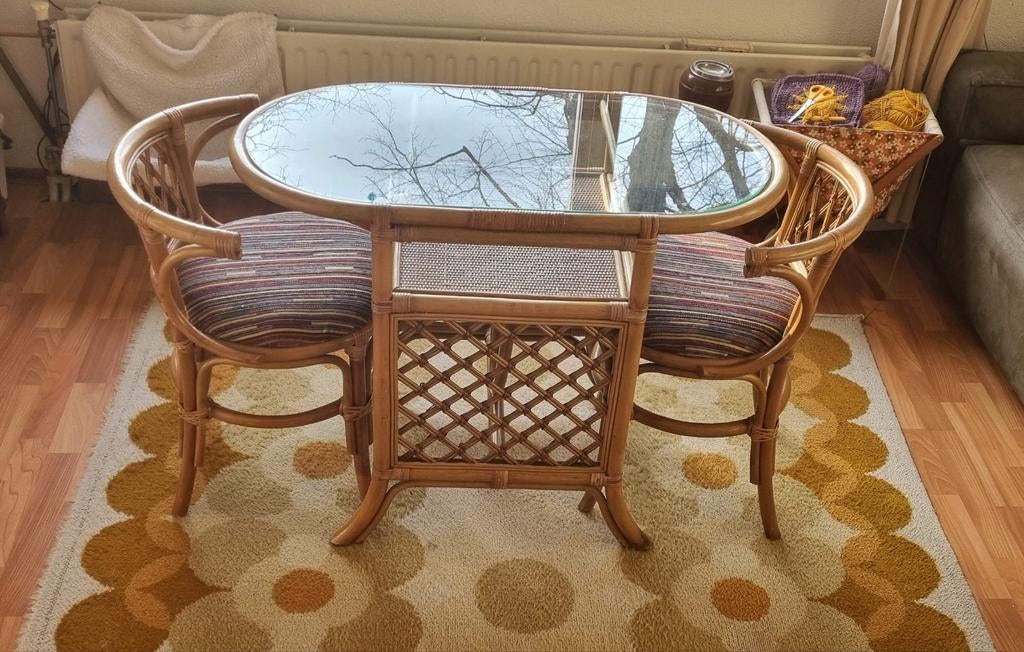 Vintage rotan bistroset, 50 tot 100 cm, 50 tot 100 cm, Zo goed als nieuw, Bruin