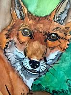 Schilderij Vos 23x32 aquarel in lijst, Ophalen of Verzenden