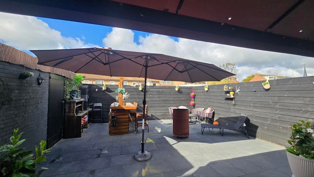 Dubbele parasol met voet, Ophalen, Gebruikt, Verstelbaar, Stokparasol