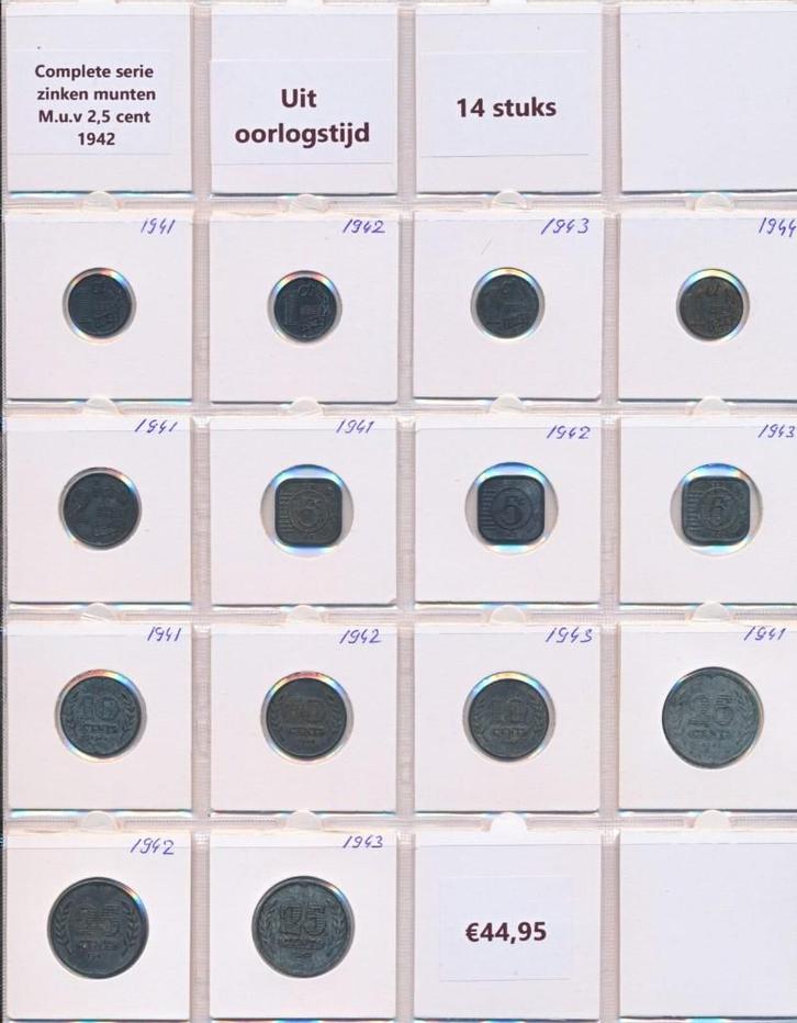 Nederland complete set zinken munten 1941-1944 Wilhelmina, Postzegels en Munten, Munten | Nederland, Setje, Overige waardes, Koningin Wilhelmina