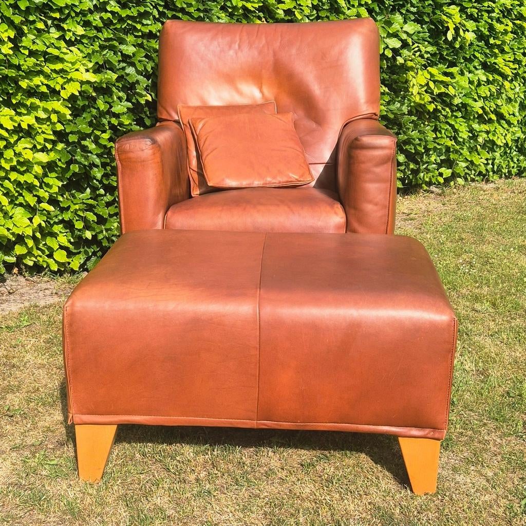 Leren fauteuil met voetenbankje, Ophalen of Verzenden