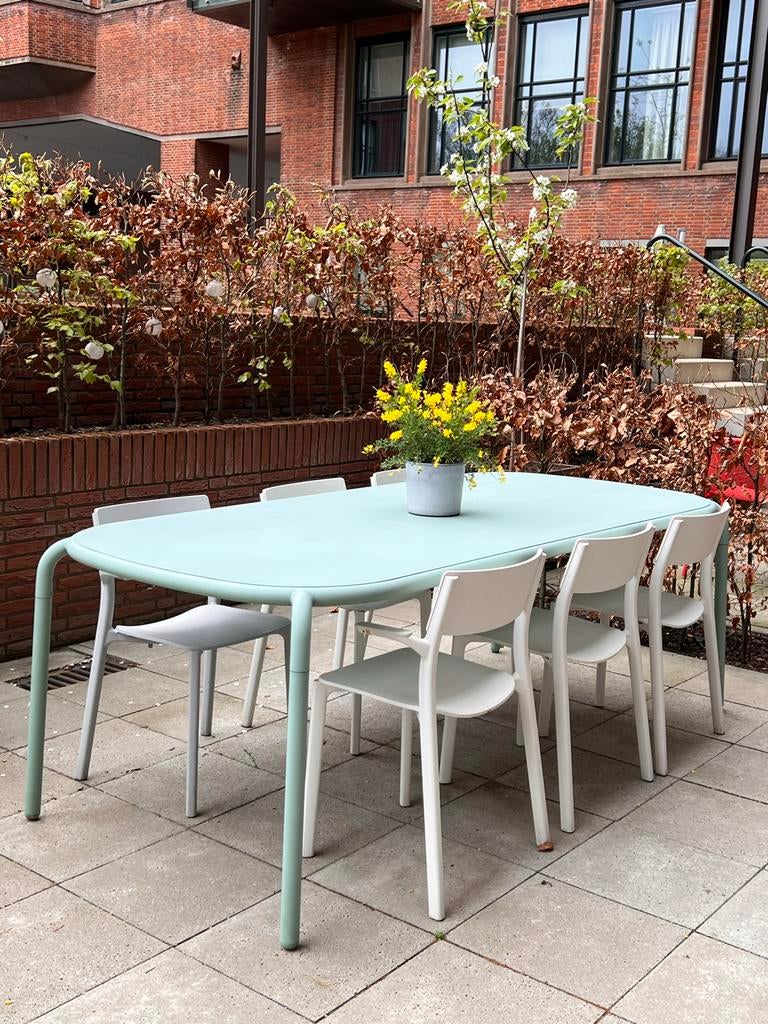 Fatboy tuintafel (aluminium) met 6 IKEA stoelen voor buiten, Tuin en Terras, Tuintafels, Ophalen, Gebruikt, Rechthoekig, Aluminium