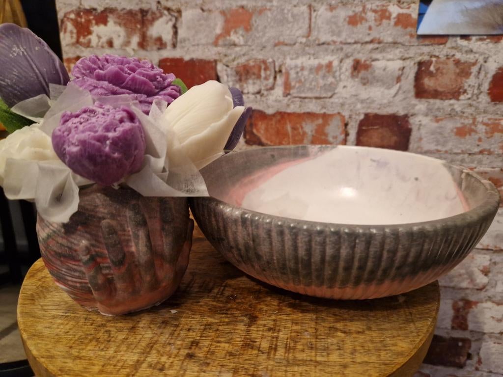Handgemaakte Wax Melt Bloemen in Handvorm Vaas + Schaal, Ophalen of Verzenden