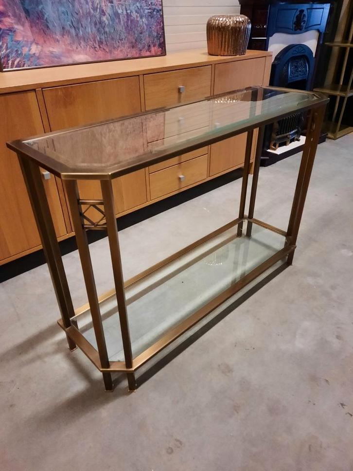 Sidetable metalen frame met glazen platen 110x35 cm, Huis en Inrichting, Tafels | Sidetables, Gebruikt, 25 tot 50 cm, 100 tot 150 cm