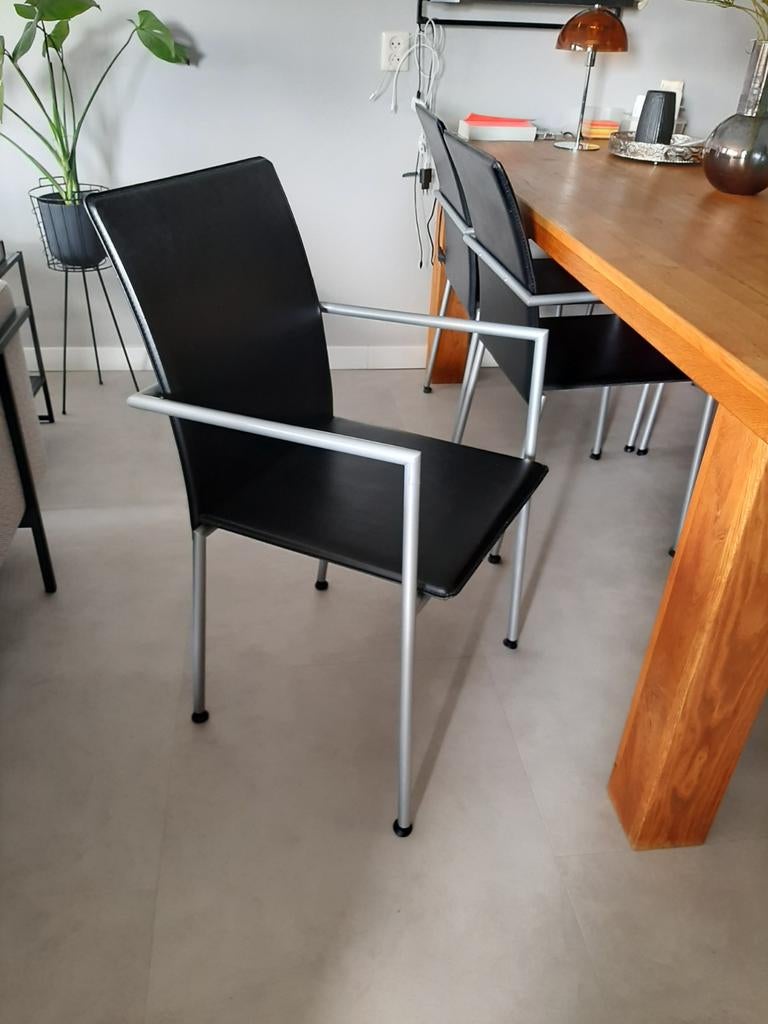 6 zwart leren eetkamer stoelen, Ophalen, Gebruikt, Zwart, Leer