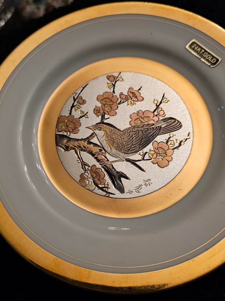 Decoratief bordje met vogel en bloesem, 24K goud, Ophalen of Verzenden