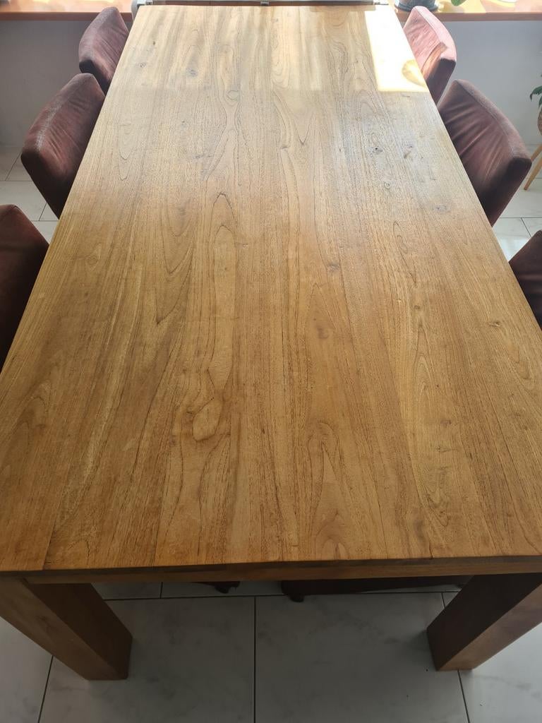 Massief teakhouten eettafel en 6 stoelen aangeboden, Ophalen, Gebruikt, Teakhout, 200 cm of meer