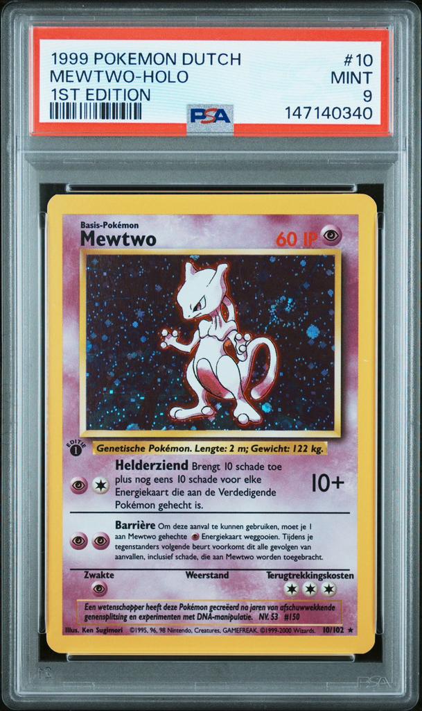 PSA 9 Mewtwo holo 1st Edition Nederlands 1999, Verzenden, Zo goed als nieuw